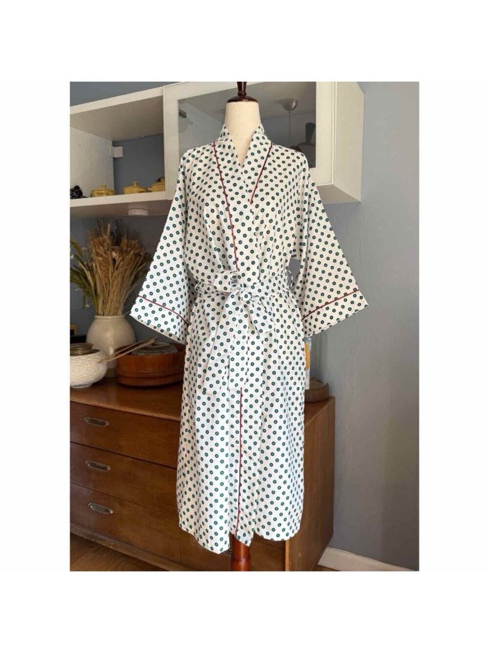 70s 80s Vintage David Brown Boutique Robe Dressing Gown Retro Polka Dot